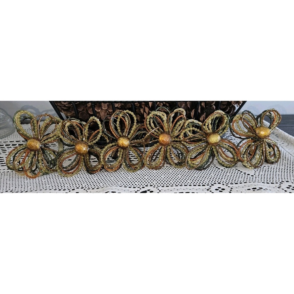 Pier One Imports Set 6 Beaded Napkin Rings Fall Floral Gold Brown Green Orange‎
